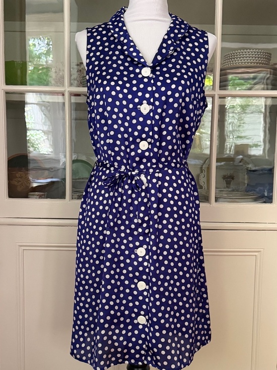 Agnes B. Dresses & Skirts - Agnes B. Blue & White Polka Dot Silk Dress, Size 42/US 10, Button Down, Sash